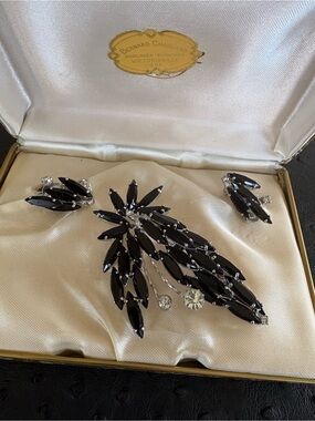 Vintage Black Marquise Crystal Brooch and Earring Set vintage continental 1960